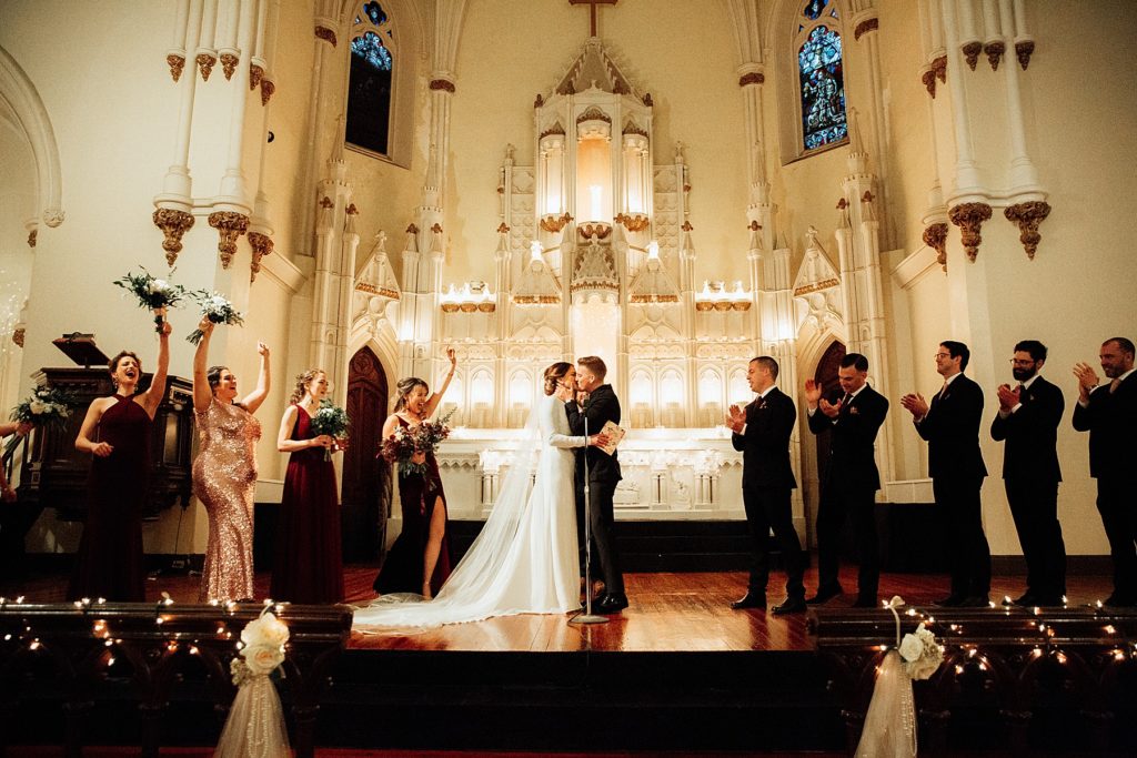Gothic, Vintage, Moody Wedding at The Venue, Cohoes, New York First Kiss