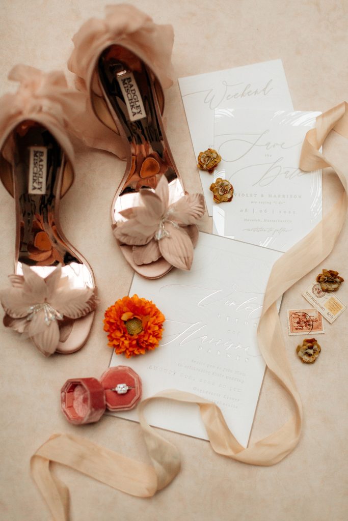Pink, Spring Wedding Invitation Flatlay with Badgley Mischka Bridal Wedding Shoes 
