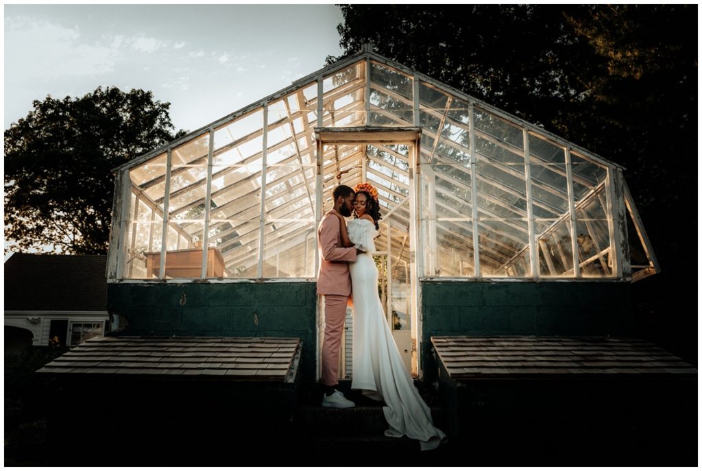 Whimsical and Dramatic Portrait of Bride and Groom at Glynwood Wedding